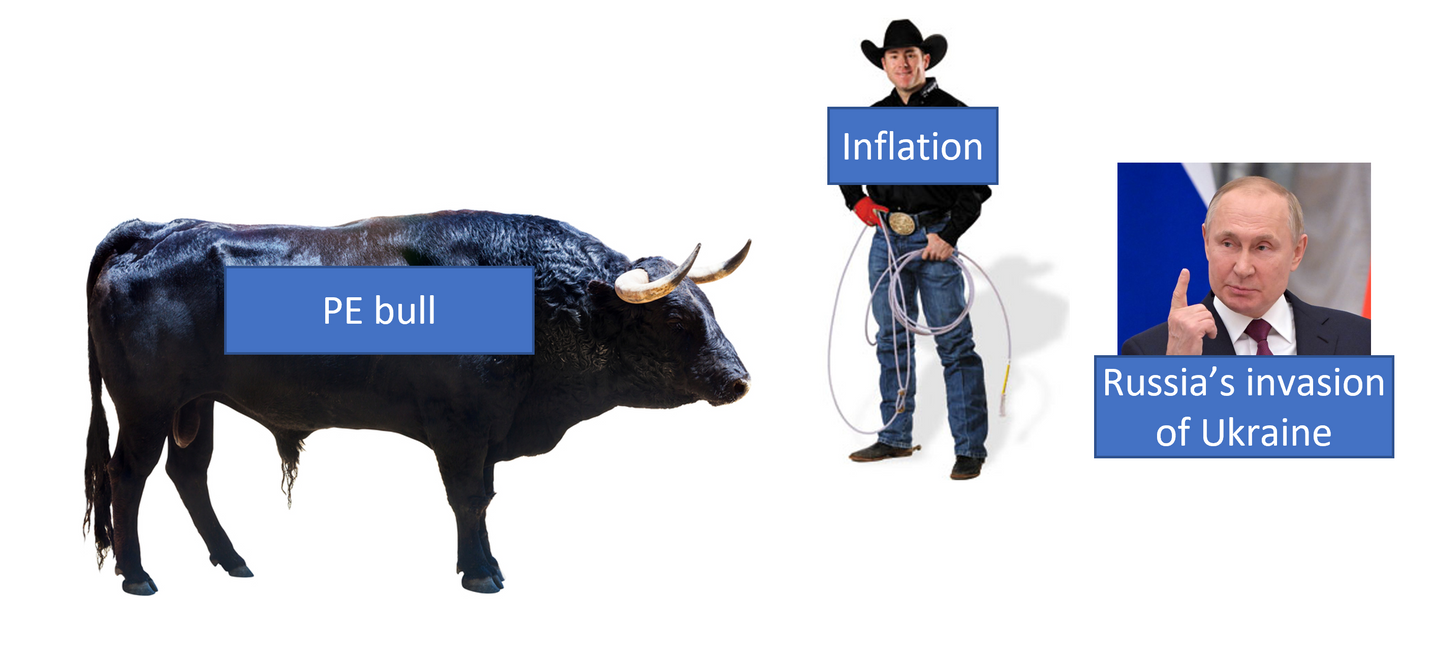 A bull representing private equity deals, confronting inflation and Russia's invasion of Ukraine