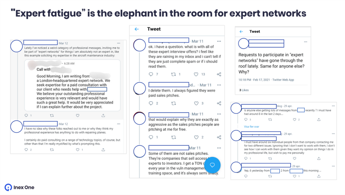 Recent tweets from experts who felt spammed by expert networks