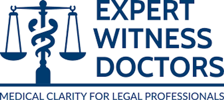 Logo with scales of justice and caduceus, text: "Expert Witness Doctors - Medical Clarity for Legal Professionals."