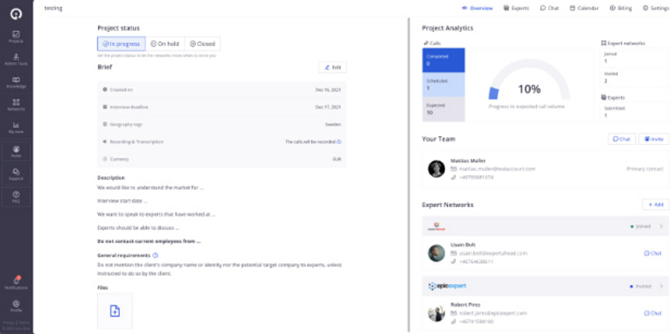 Sample view of a screen from the Inex One Dashboard which shows status of different projects, project analytics, team members and Expert Networks involved