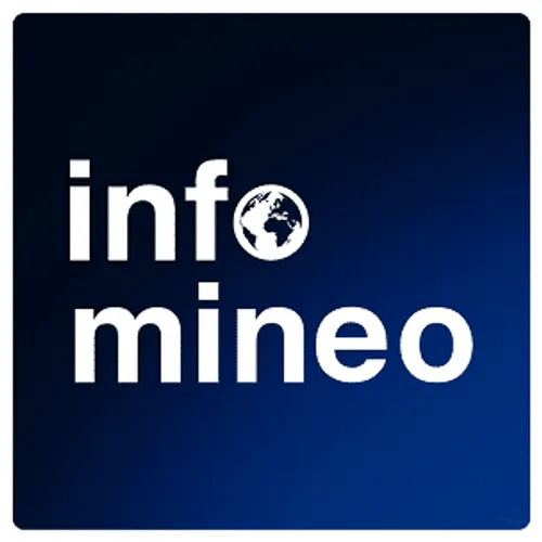 Blue square logo with the text "info mineo" in white. The "o" in "info" is replaced by a globe icon.