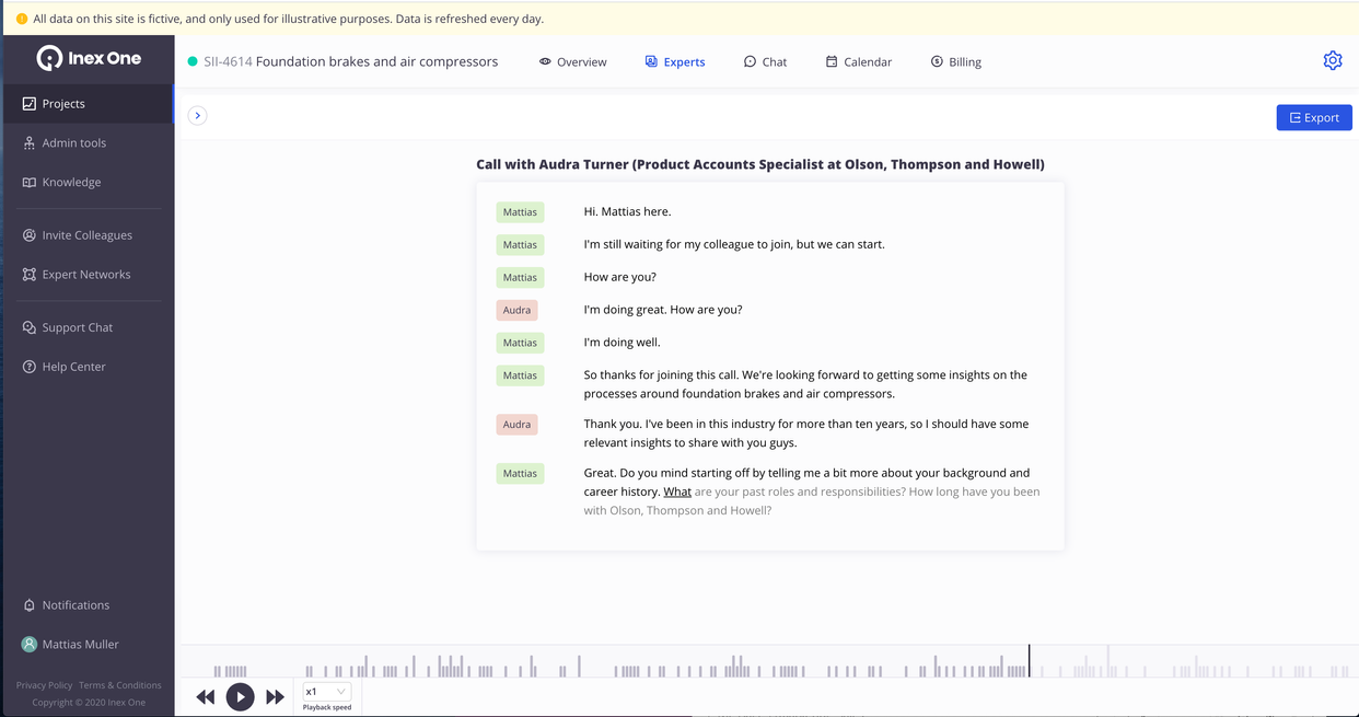 Image of expert call transcripts on Inex One